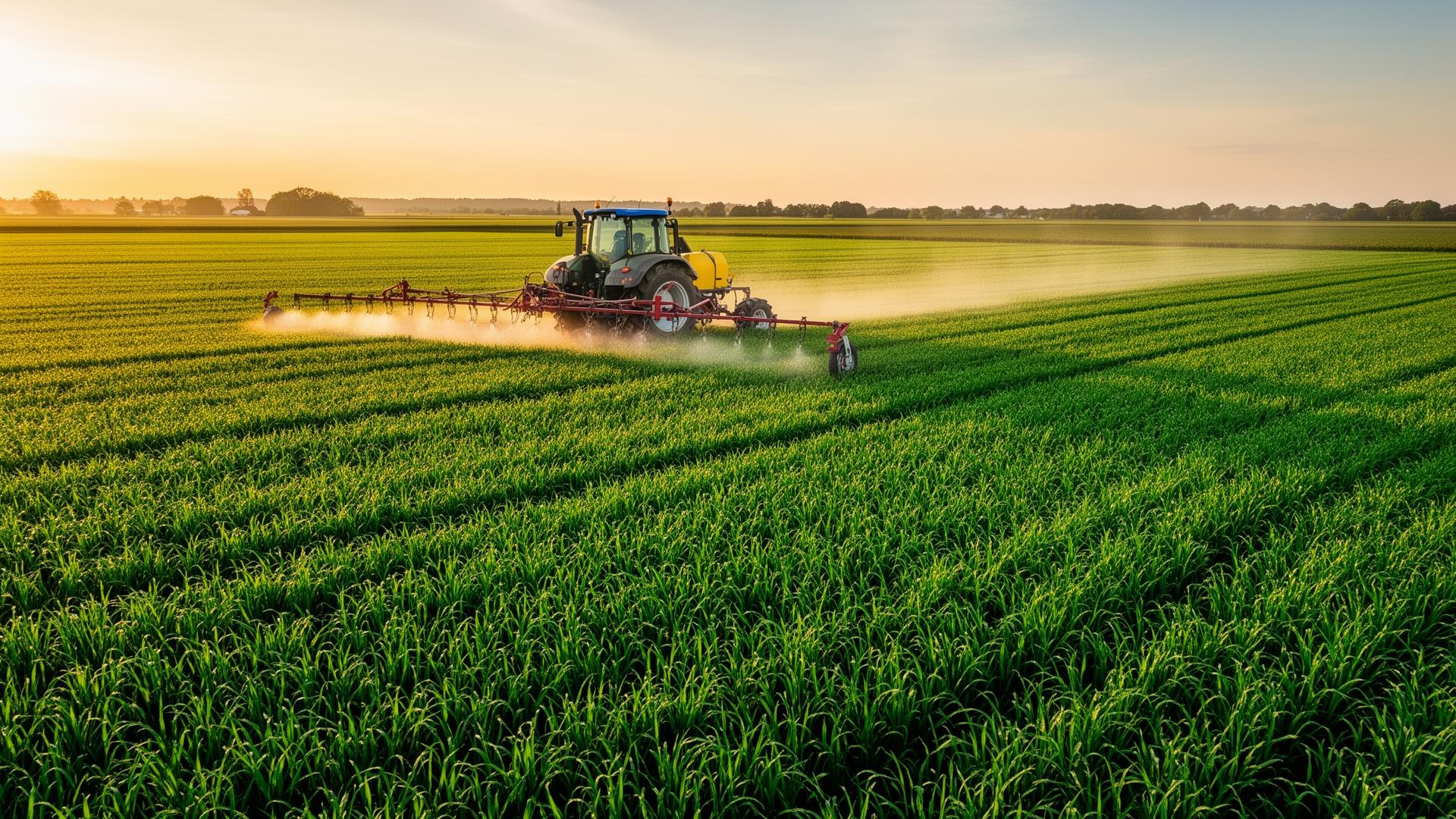 Tractor spraying lush green crop fields at sunset