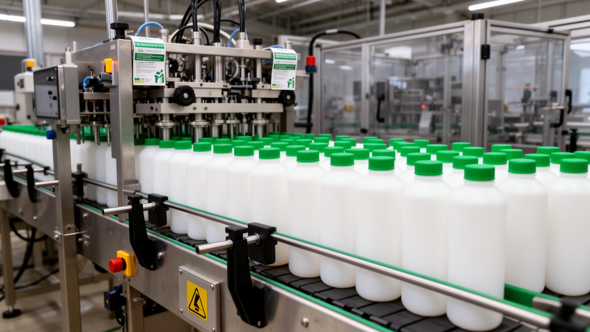 Agrochemical bottle filling and labeling line