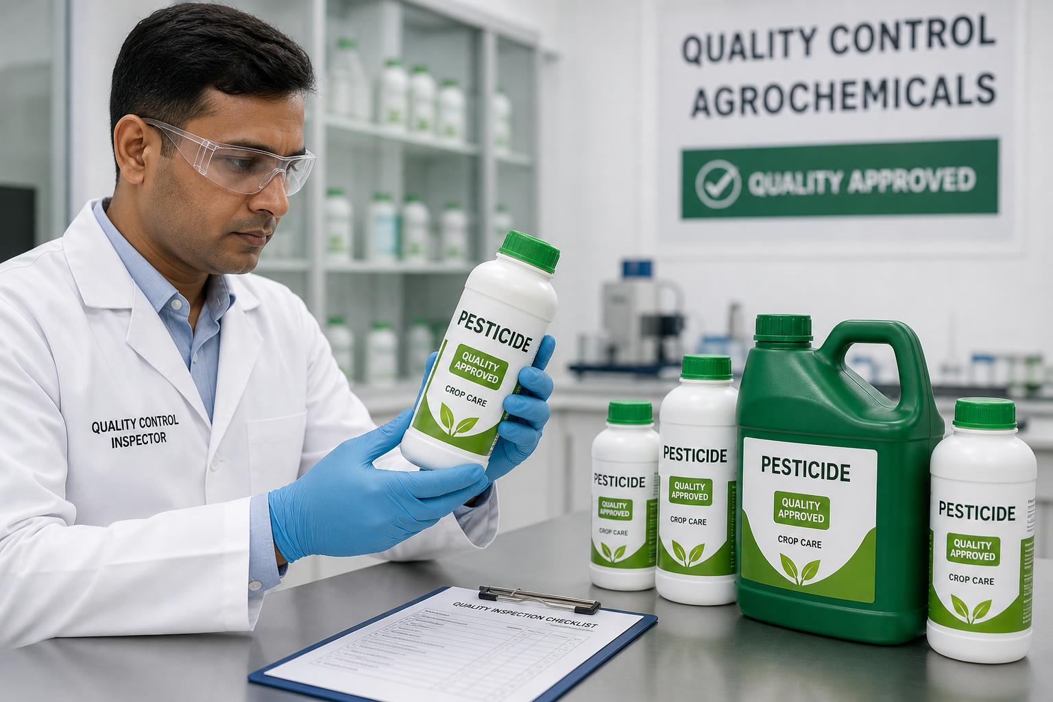 Quality inspector reviewing packaged agrochemical bottles